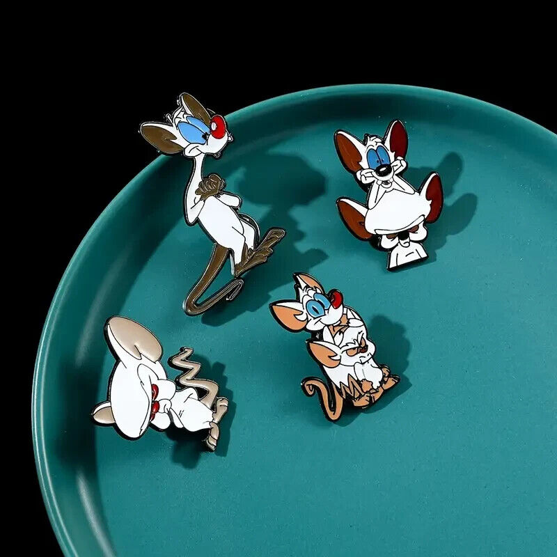 PINKY & THE BRAIN PIN SET (4pcs) 90's Cartoon Toon Gift Enamel Lapel Brooch Lot