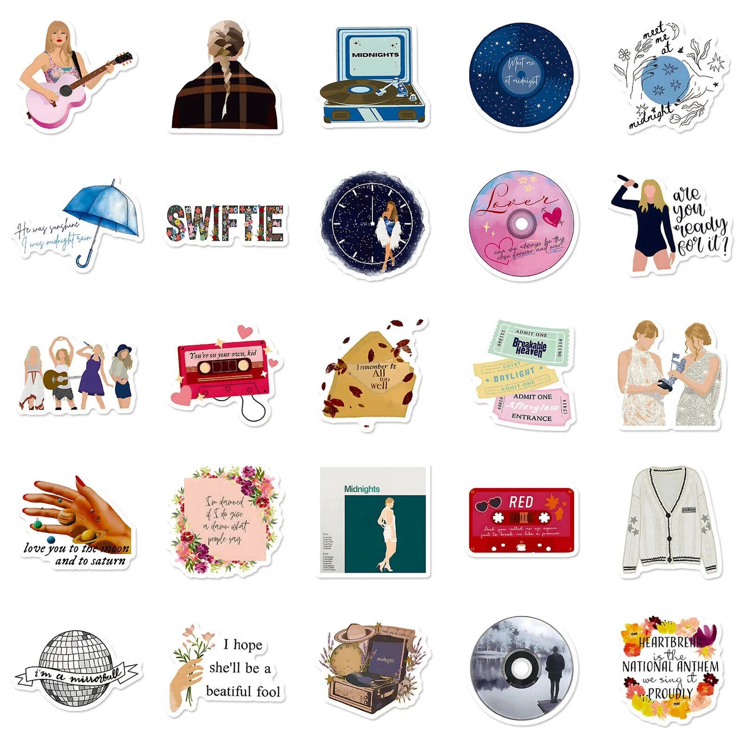 TAYLOR SWIFT STICKERS (50pcs) Fifty Unique Die-Cut Illustrated Music Gift Decal