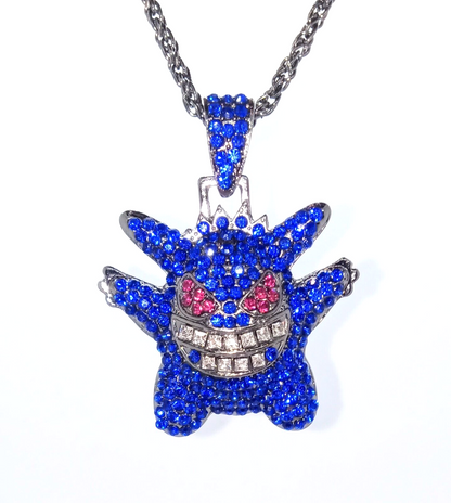 DEEP BLUE GENGAR GEM NECKLACE Pokemon Bling Hip Hop Pendant & 22" Twisted Chain