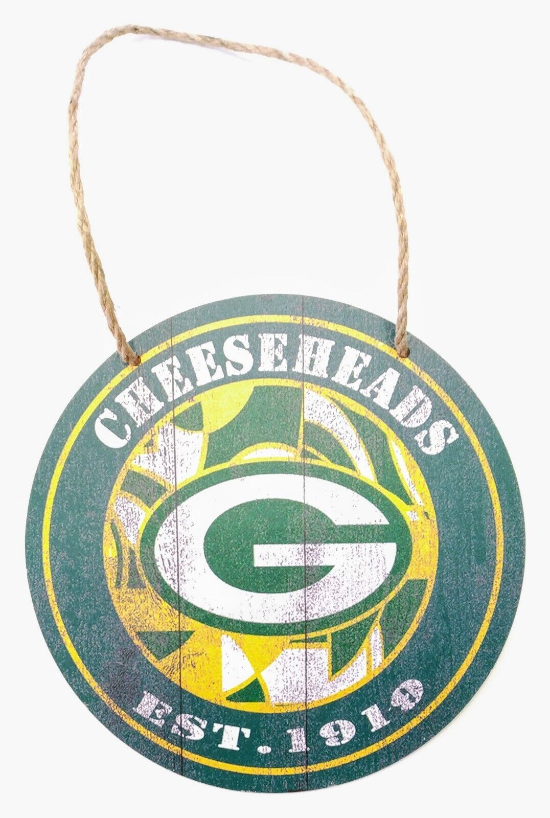 GREEN BAY PACKERS WOODEN SIGN 7.75" Circular Hanging Wall Logo Decal & Rope