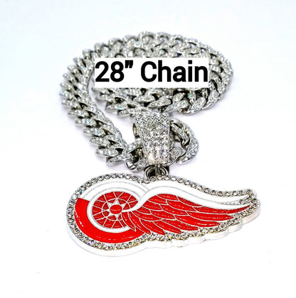 DETROIT RED WINGS GEM NECKLACE Silver Bling NHL Hip Hop Pendant & 28" Chain