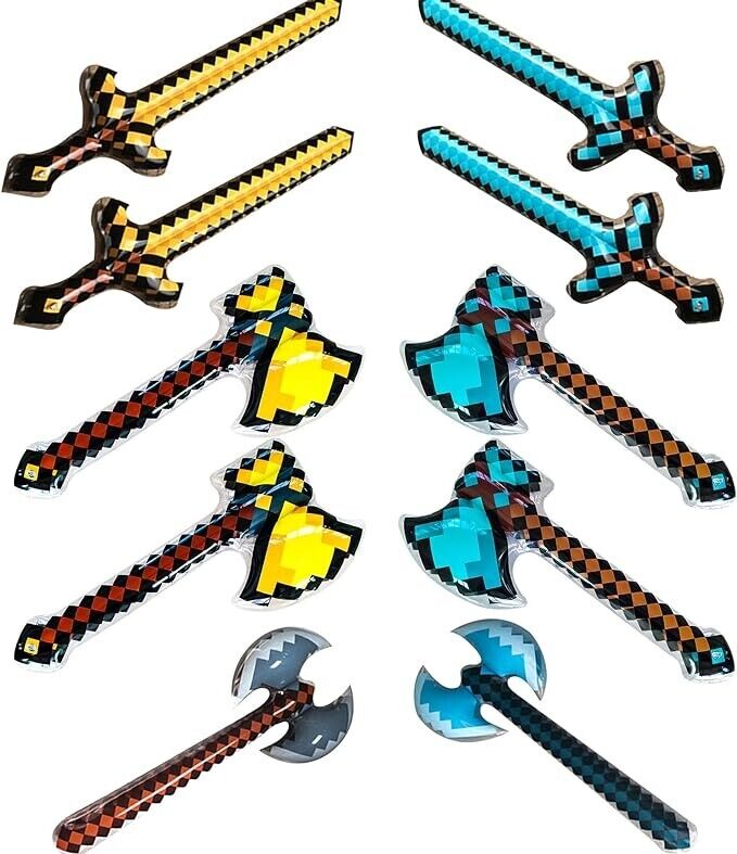 MINECRAFT INFLATEABLE WEAPONS (10pcs) Pixel Blow-up Sword Axe Video Game Gift