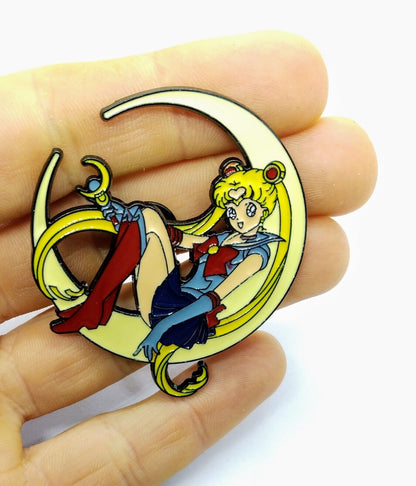 SAILOR MOON PIN Large Crescent Moon Girl's Enamel Brooch Anime (Great Gift!)