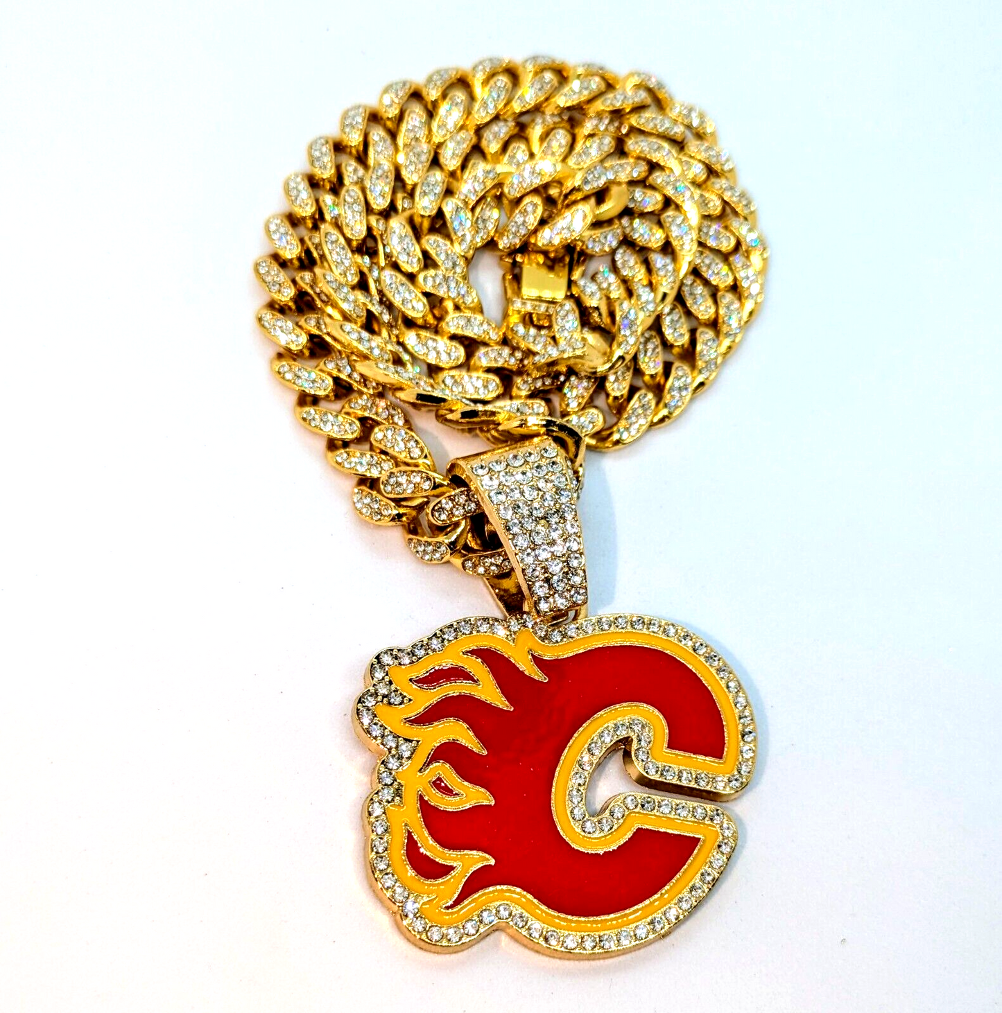 CALGARY FLAMES GEM NECKLACE Gold Bling NHL Hockey Hip Hop Pendant & 20" Chain