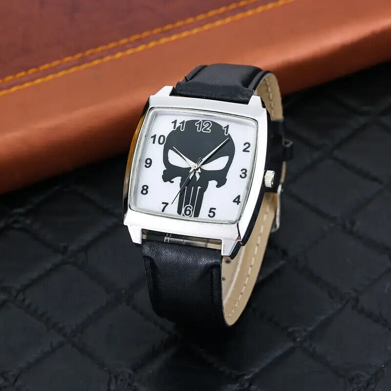 THE PUNISHER WATCH Black Skull Square Face Analog Pointer Men's Wristwatch Gift