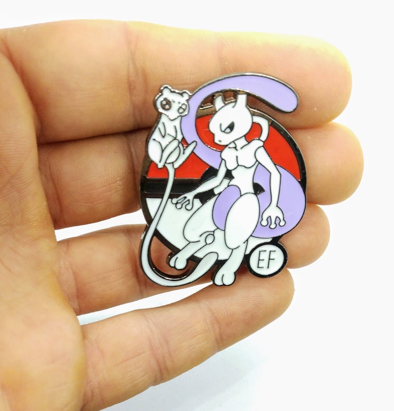 MEWTWO PIN Pokemon Silver Round Circle Flying High w/ Mew Enamel Brooch Anime