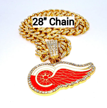 DETROIT RED WINGS GEM NECKLACE Gold Bling NHL Hip Hop Pendant & 28" Chain