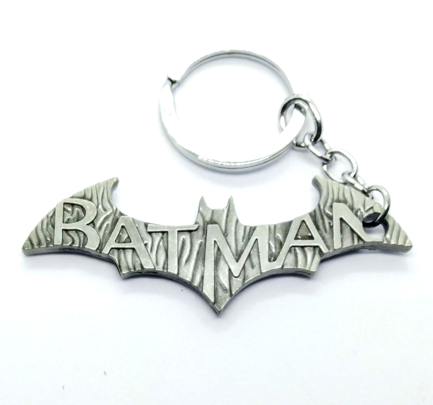 BATMAN KEYCHAIN Silver Thick Bat Logo Lettering Design Key Chain/Keyring