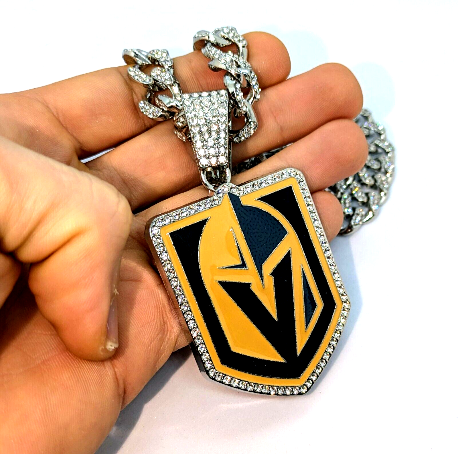 VEGAS GOLDEN KNIGHTS GEM NECKLACE Silver Bling NHL Hip Hop Pendant & 28" Chain