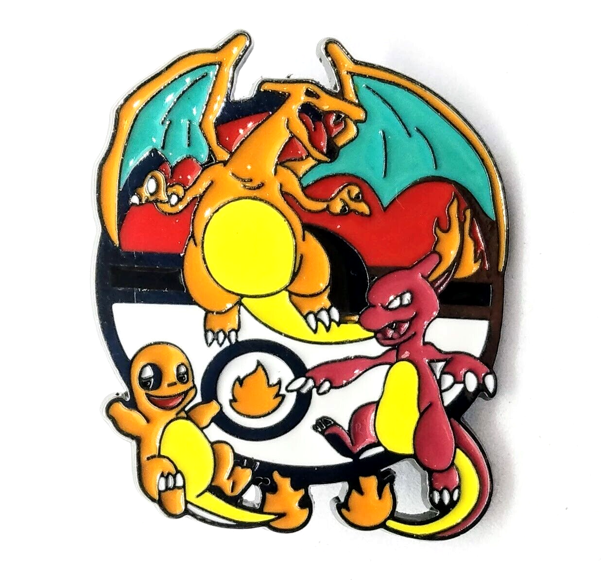 CHARMANDER EVOLUTION PIN Pokemon Round Circle Charizard + Enamel Brooch Anime