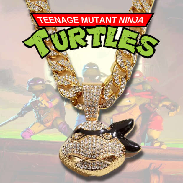 TEENAGE MUTANT NINJA TURTLES GEM NECKLACE Gold Bling Hip Hop TMNT & 20" Chain