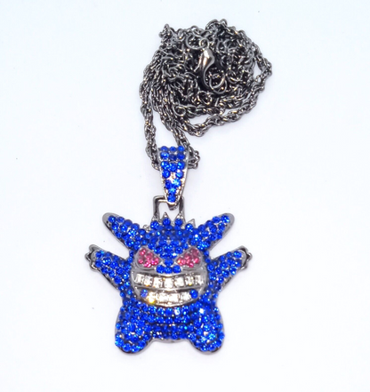 DEEP BLUE GENGAR GEM NECKLACE Pokemon Bling Hip Hop Pendant & 22" Twisted Chain