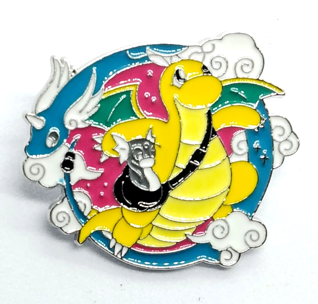 DRAGONITE PIN Pokemon Round Circle Flying High w/ Dratini Enamel Brooch Anime