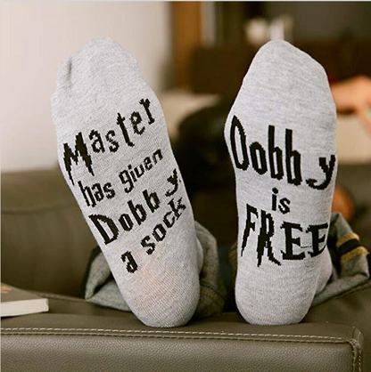 DOBBY SOCKS (1 Pair) Harry Potter "Dobby is FREE" Gray/Black Fun Wizarding Gift