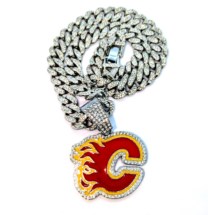 CALGARY FLAMES GEM NECKLACE Silver Bling NHL Hockey Hip Hop Pendant & 20" Chain