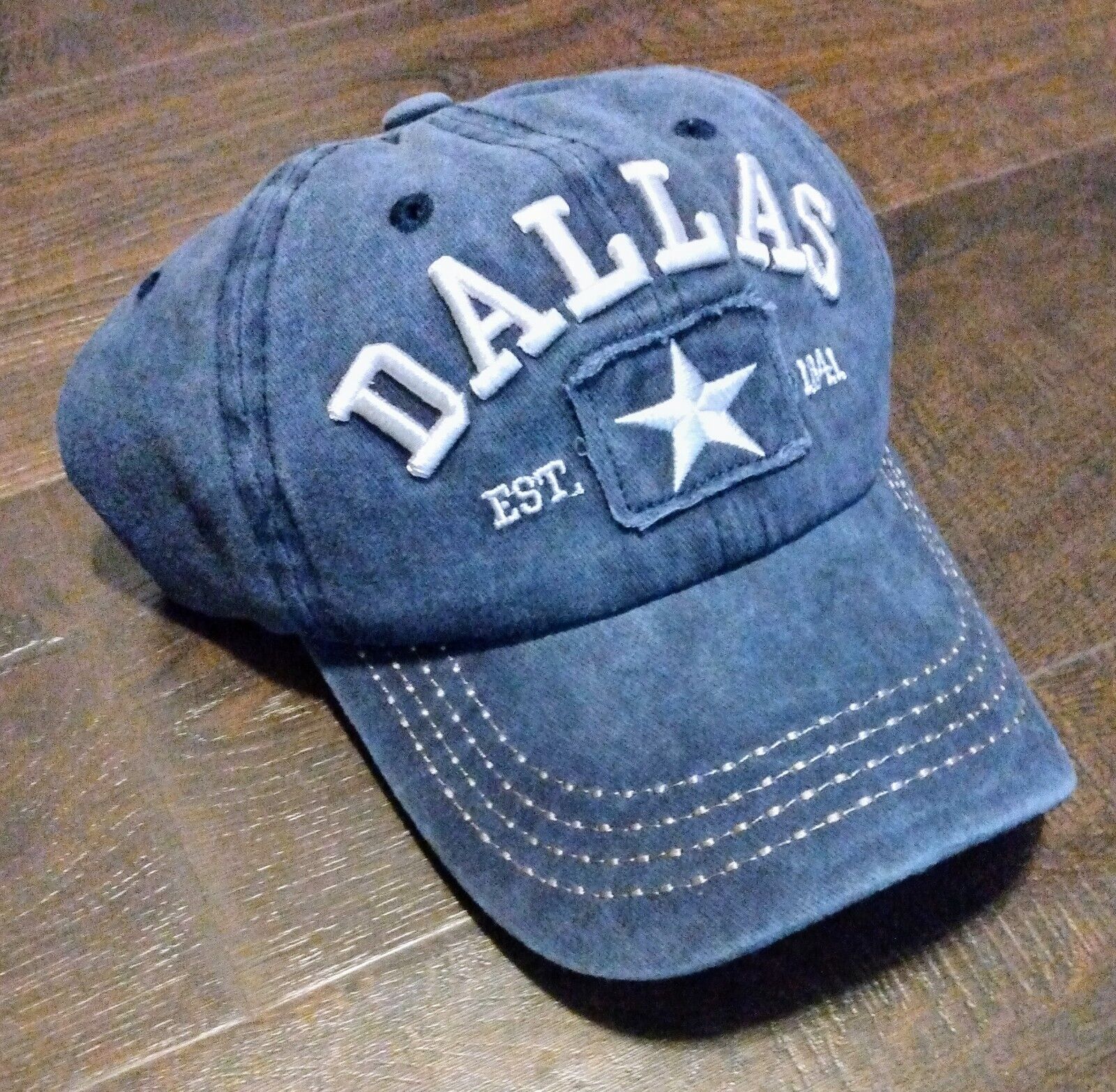 DALLAS COWBOYS HAT Distressed Blue w/ Embroidered Letters Cap (Adult/Adj. Size)