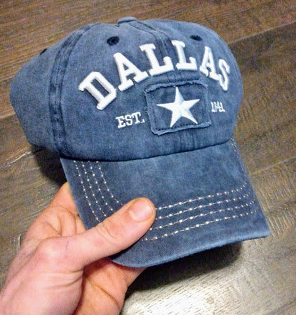 DALLAS COWBOYS HAT Distressed Blue w/ Embroidered Letters Cap (Adult/Adj. Size)