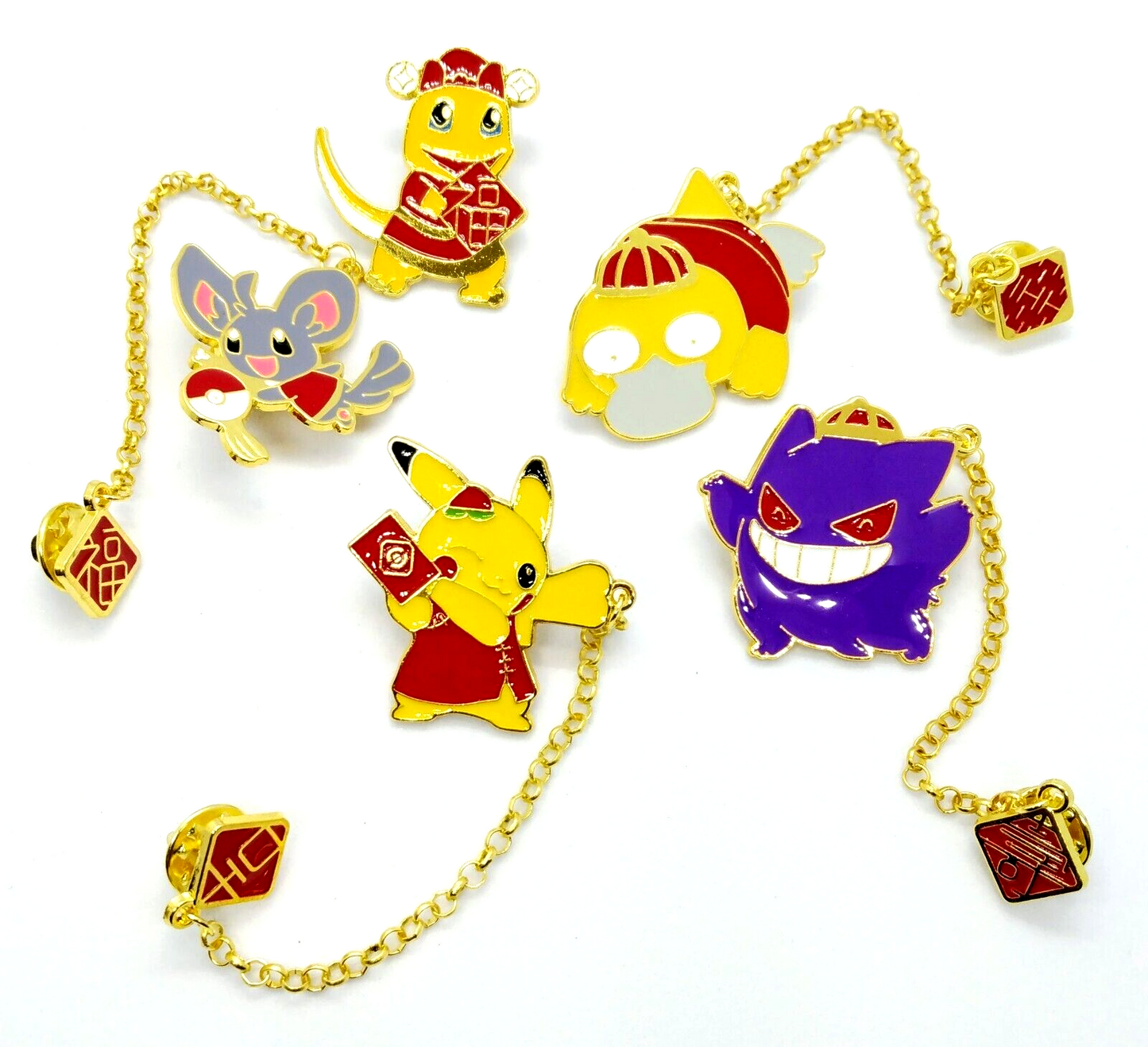 POKEMON RED ROBE PIN SET (5pcs) Five Chinese Dress w/ Chain Enamel Brooch Lot