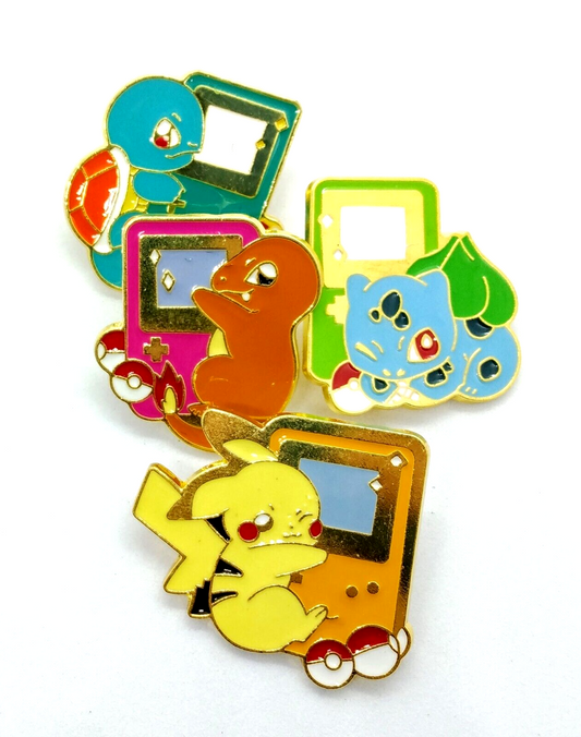 GAMEBOY POKEMON PINS (x4) Pikachu & Starters Hugging Video Game Brooch Set Lot