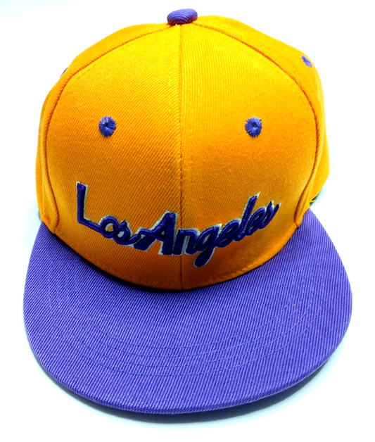 LOS ANGELES LAKERS HAT Gold w/ Purple Script Basketball Cap (Adult/Adj. Size)