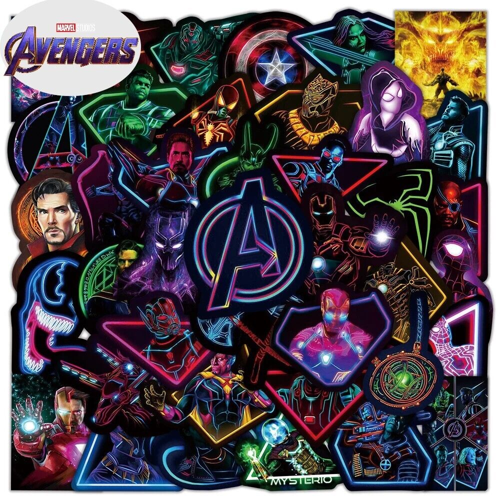 THE AVENGERS NEON LIGHT STICKERS (50pcs) Fifty Unique Die-Cut Marvel Decal