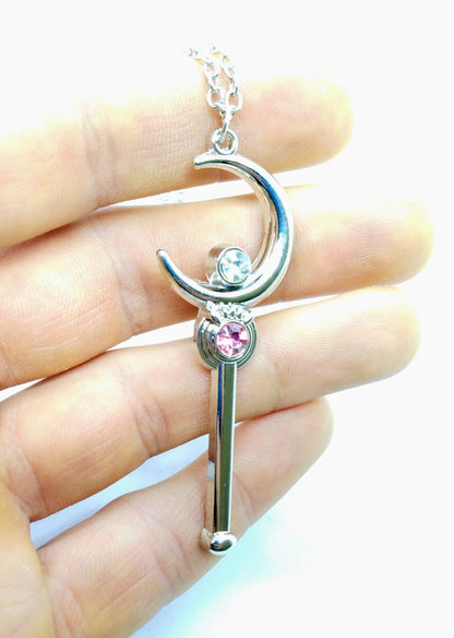 SAILOR MOON NECKLACE Silver & Pink Gem Moon Stick (Wand) Pendant Anime