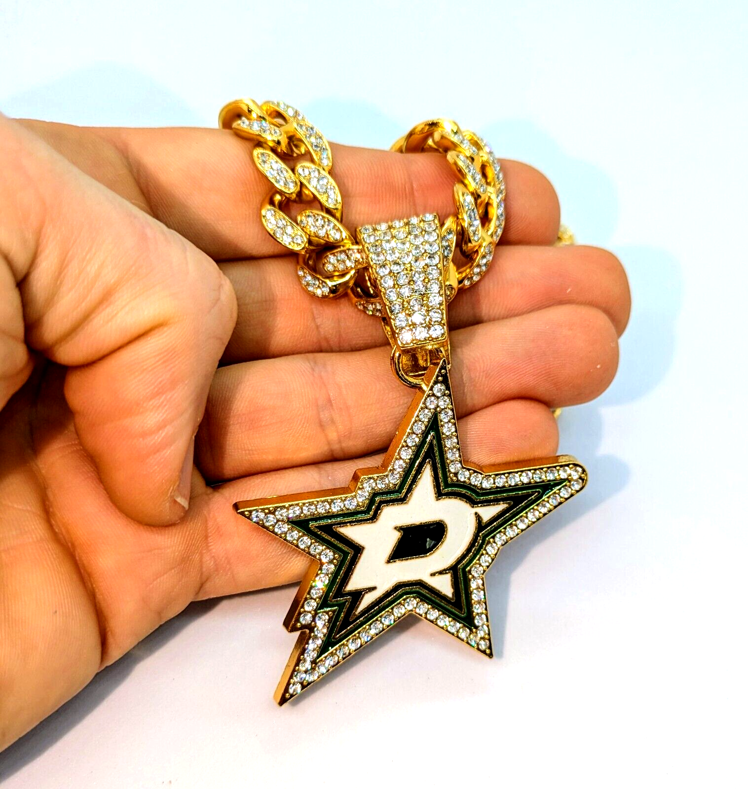 DALLAS STARS GEM NECKLACE Gold Bling NHL Hockey Hip Hop Pendant & 28" Chain