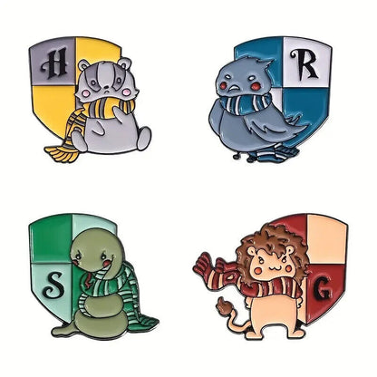 HARRY POTTER PIN SET (4pcs) Hogwarts House Cartoon Crests Gift Enamel Brooch Lot