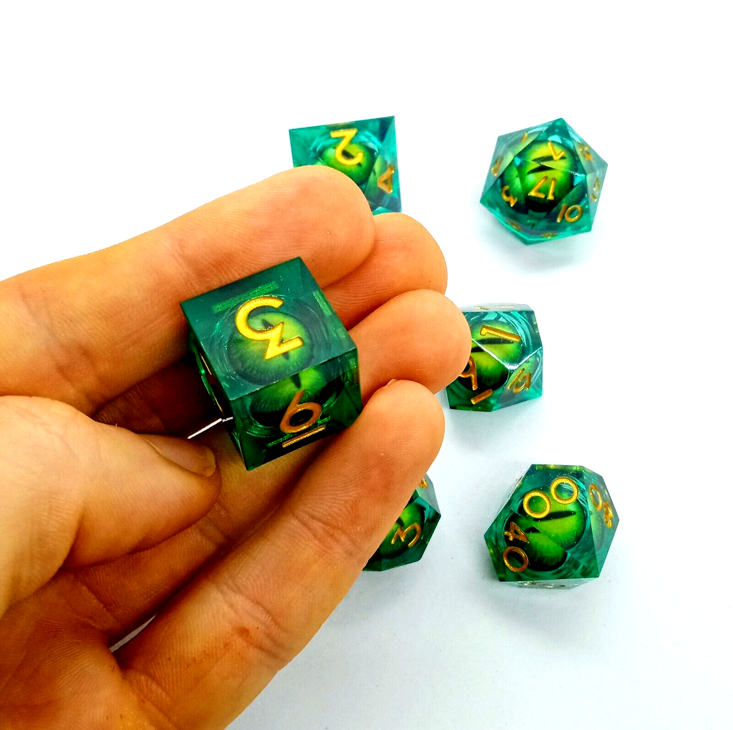 DRAGON EYE DICE (7pcs) GREEN Dungeons & Dragons DND Poly Resin/Liquid Core