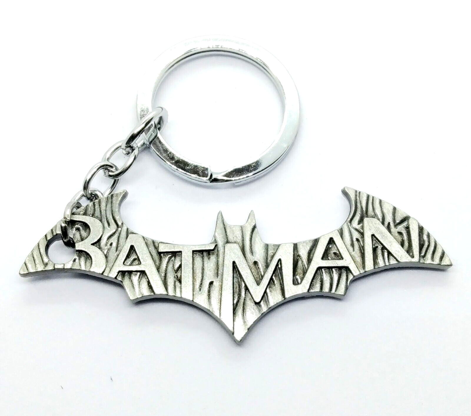 BATMAN KEYCHAIN Silver Thick Bat Logo Lettering Design Key Chain/Keyring