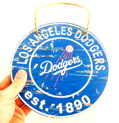 LOS ANGELES DODGERS WOODEN SIGN 8"x8" Circular Hanging Wall Logo Decal & Rope