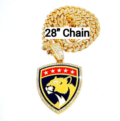 FLORIDA PANTHERS GEM NECKLACE Gold Hip Hop NHL Hockey Bling Pendant & 28" Chain