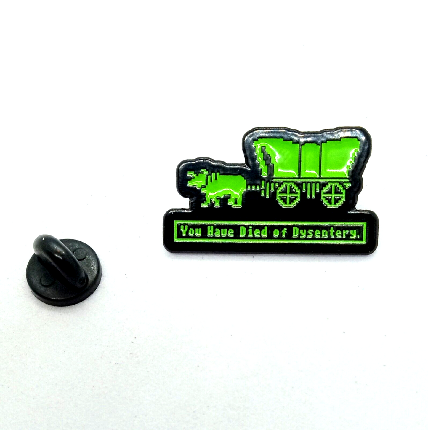 OREGON TRAIL PIN "You Have Died of Dysentery" Vintage Gamer Enamel Lapel Brooch