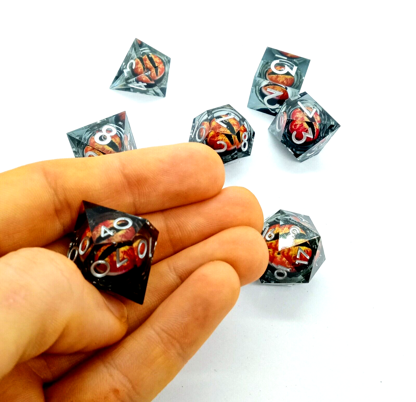 DRAGON EYE DICE (7pcs) BLACK/RED Dungeons & Dragons DND Poly Resin/Liquid Core