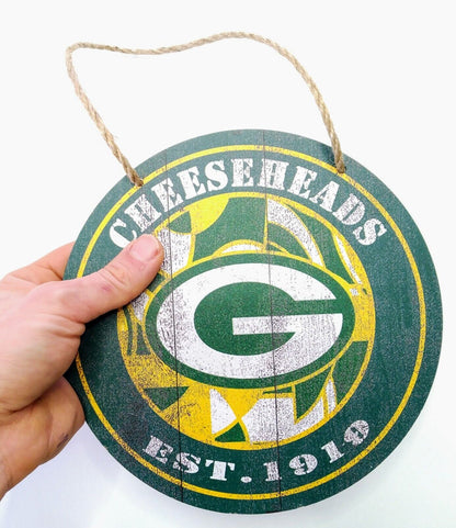 GREEN BAY PACKERS WOODEN SIGN 7.75" Circular Hanging Wall Logo Decal & Rope