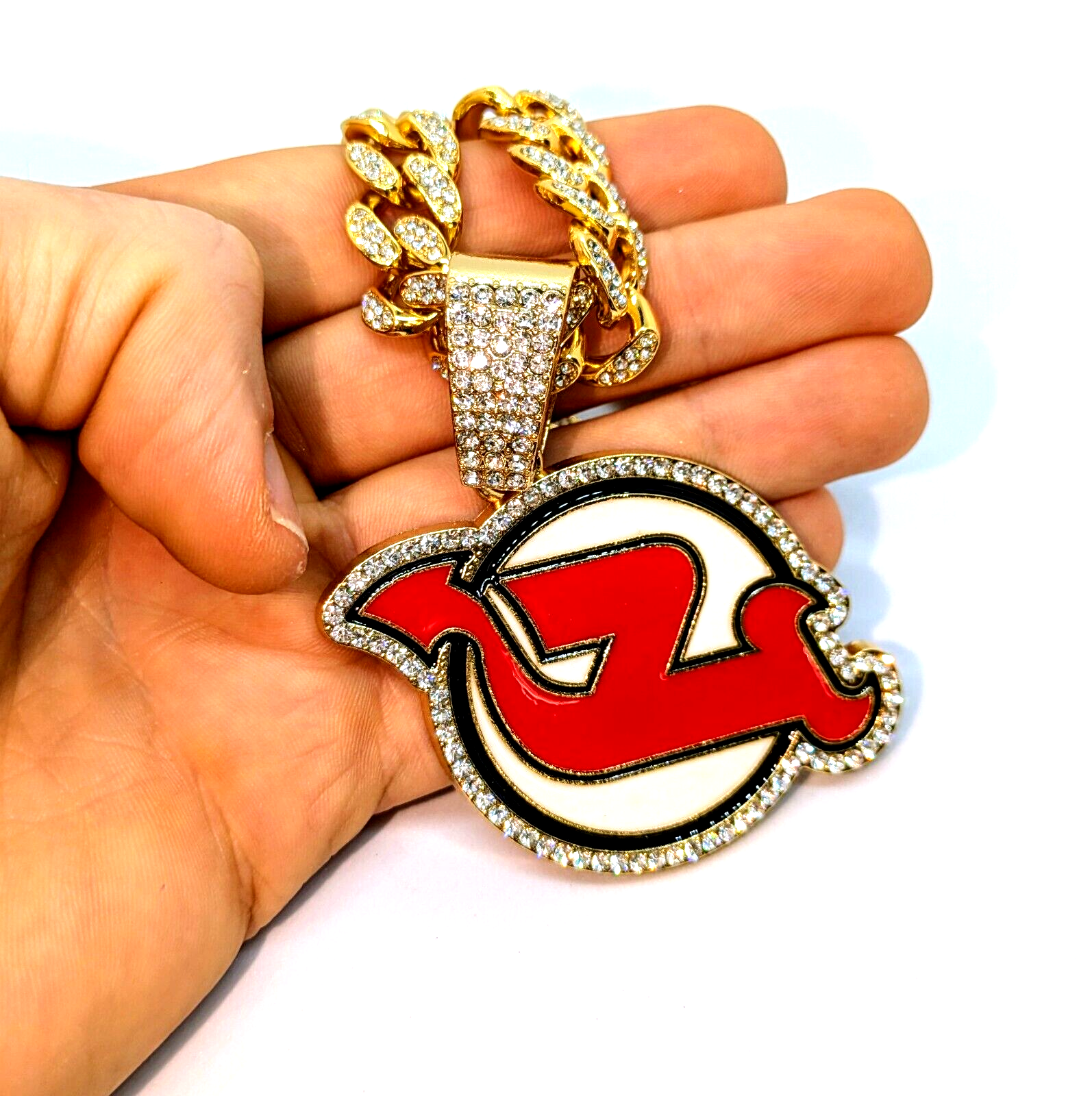 NEW JERSEY DEVILS GEM NECKLACE Gold Bling NHL Hockey Hip Hop Pendant & 20" Chain