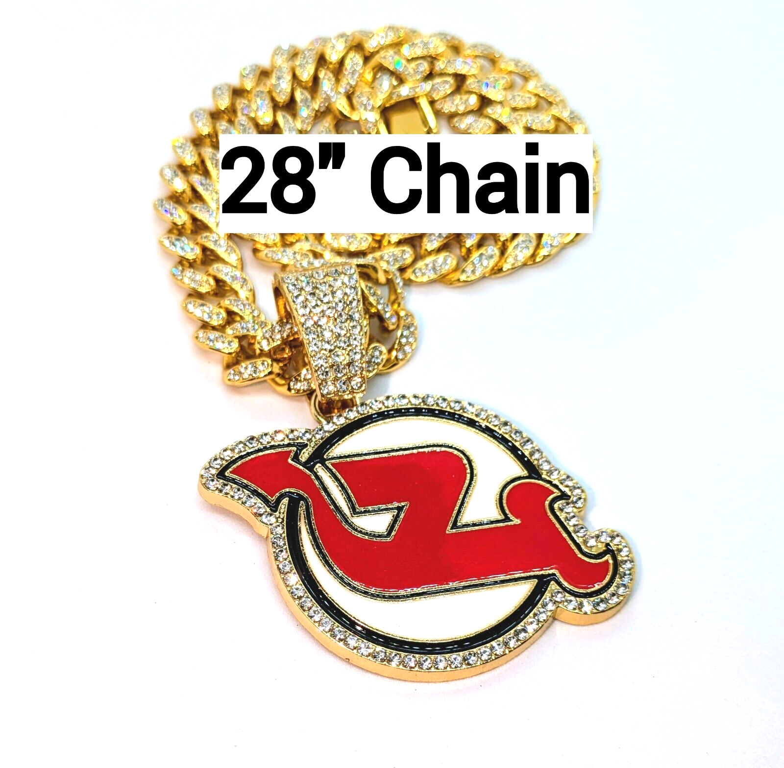 NEW JERSEY DEVILS GEM NECKLACE Gold Bling NHL Hockey Hip Hop Pendant & 28" Chain