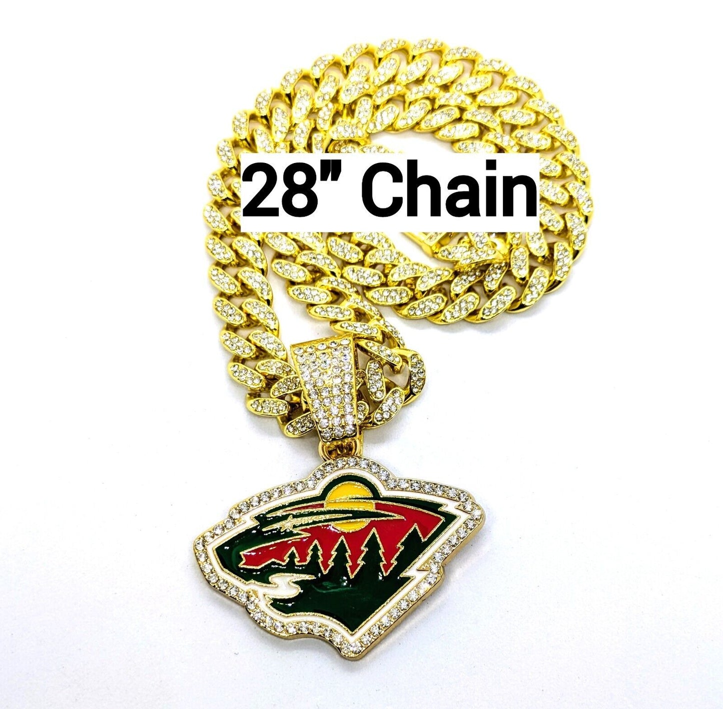 MINNESOTA WILD GEM NECKLACE Gold Bling NHL Team Hip Hop Pendant & 28" Chain