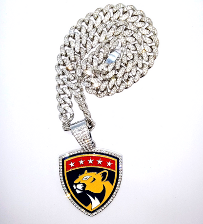 FLORIDA PANTHERS GEM NECKLACE Silver Hip Hop NHL Hockey Bling Pendant &20" Chain