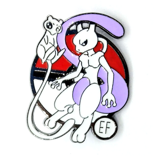 MEWTWO PIN Pokemon Silver Round Circle Flying High w/ Mew Enamel Brooch Anime