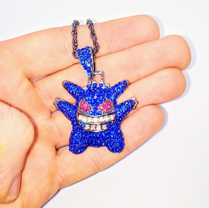 DEEP BLUE GENGAR GEM NECKLACE Pokemon Bling Hip Hop Pendant & 22" Twisted Chain