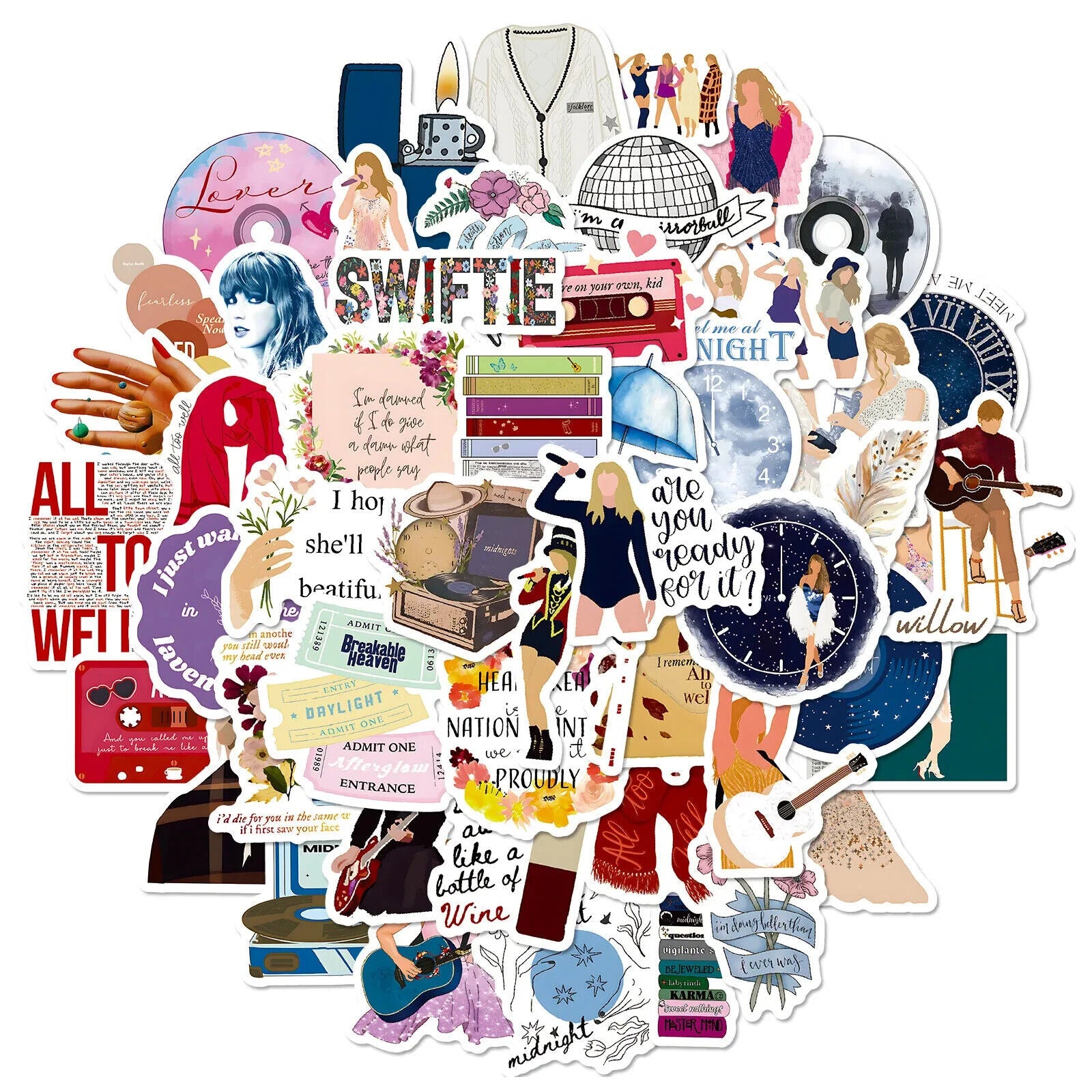 TAYLOR SWIFT STICKERS (50pcs) Fifty Unique Die-Cut Illustrated Music Gift Decal