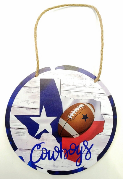 DALLAS COWBOYS WOODEN SIGN 7.75" Circular Hanging Wall State Pride Decal & Rope