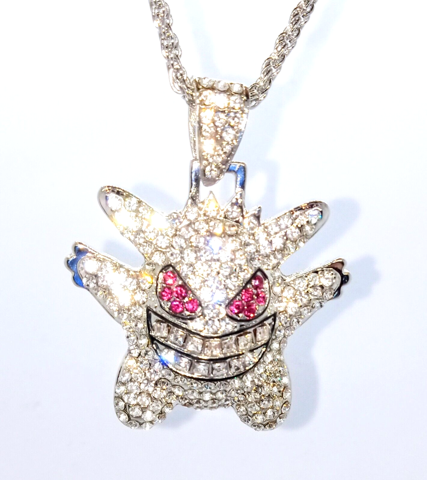 WHITE/SILVER GENGAR GEM NECKLACE Pokemon Hip Hop Pendant & 22" Twisted Chain