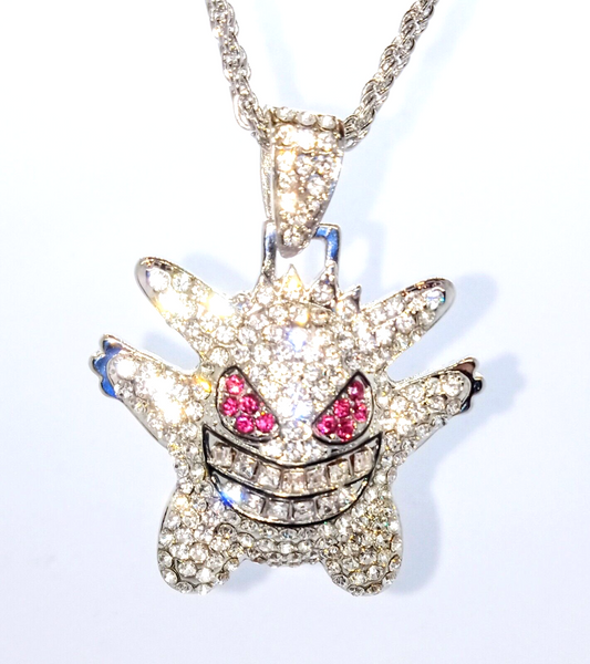 WHITE/SILVER GENGAR GEM NECKLACE Pokemon Hip Hop Pendant & 22" Twisted Chain