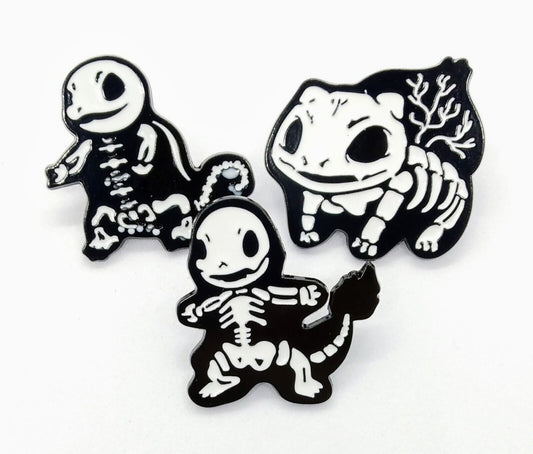 POKEMON SKELETON PIN SET (3pcs) Charmander/Squirtle/Bulbasaur Enamel Brooch Lot