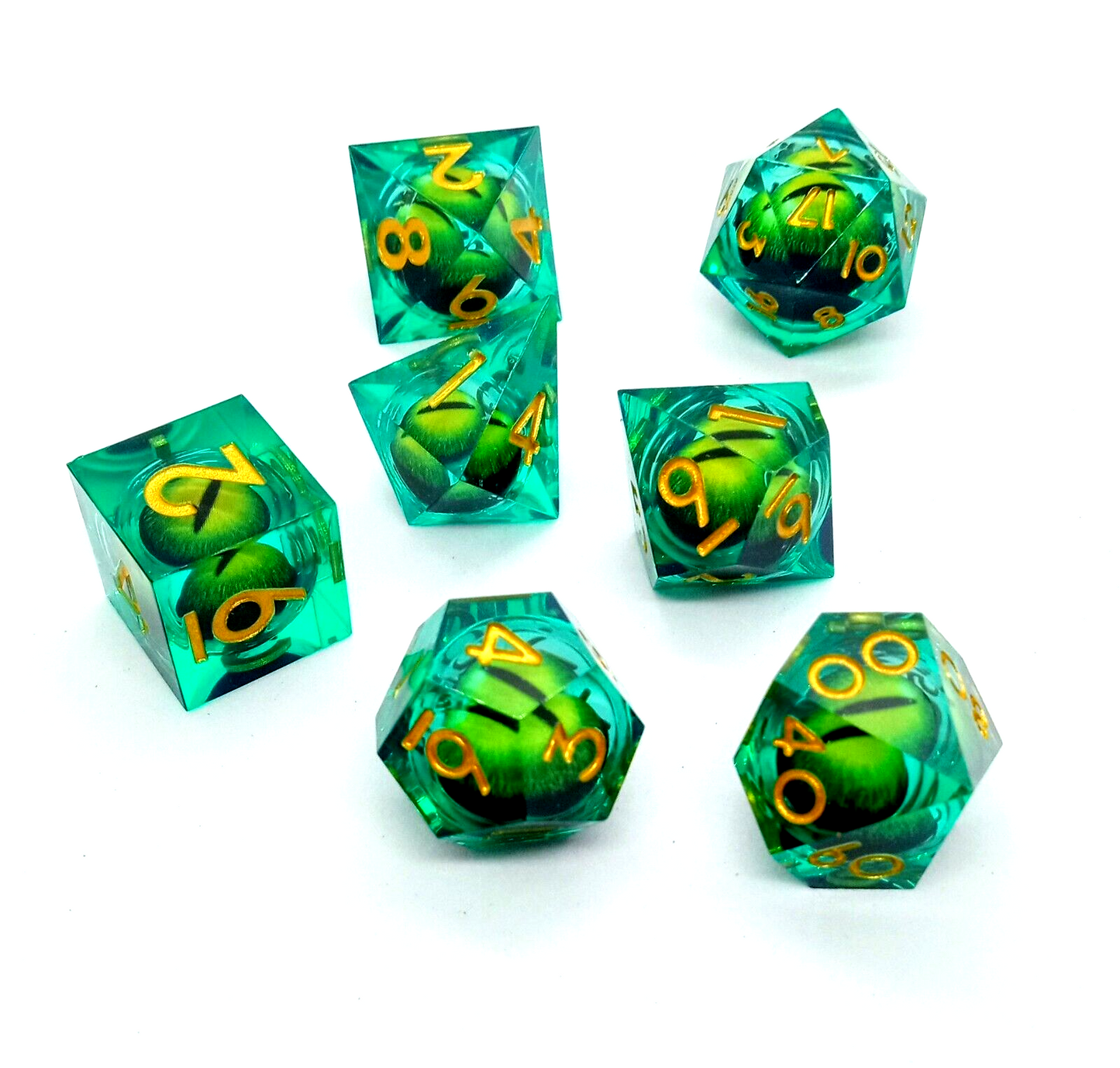 DRAGON EYE DICE (7pcs) GREEN Dungeons & Dragons DND Poly Resin/Liquid Core