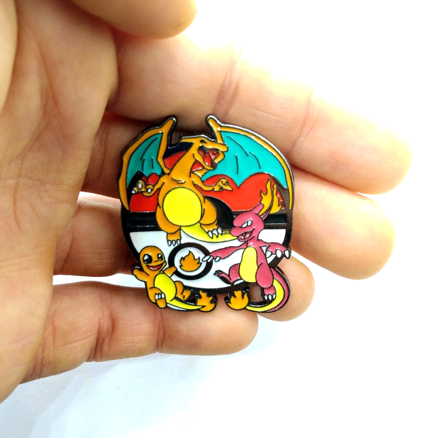 CHARMANDER EVOLUTION PIN Pokemon Round Circle Charizard + Enamel Brooch Anime