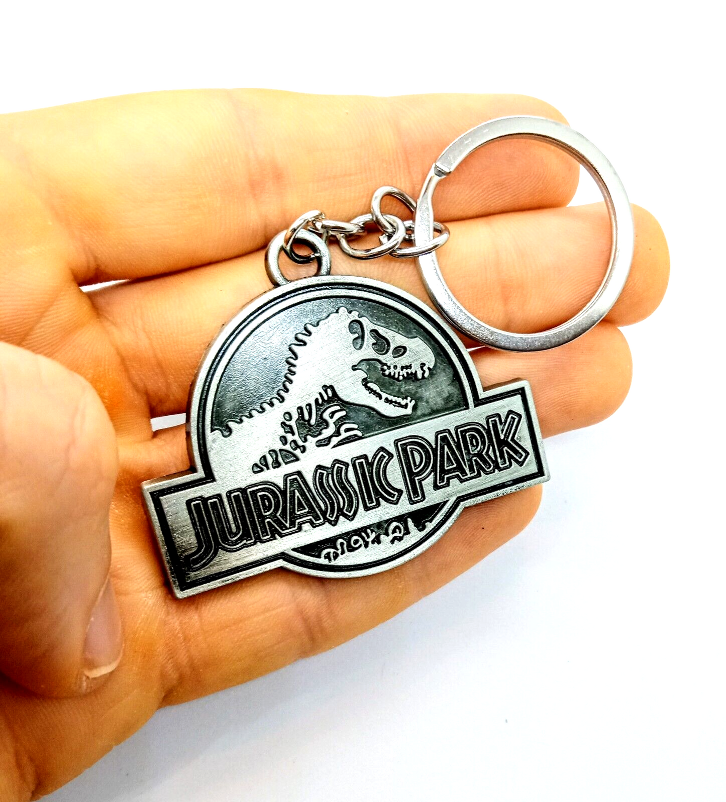 JURASSIC PARK KEYCHAIN Silver Classic Dinosaur Movie Film Key Chain/Keyring