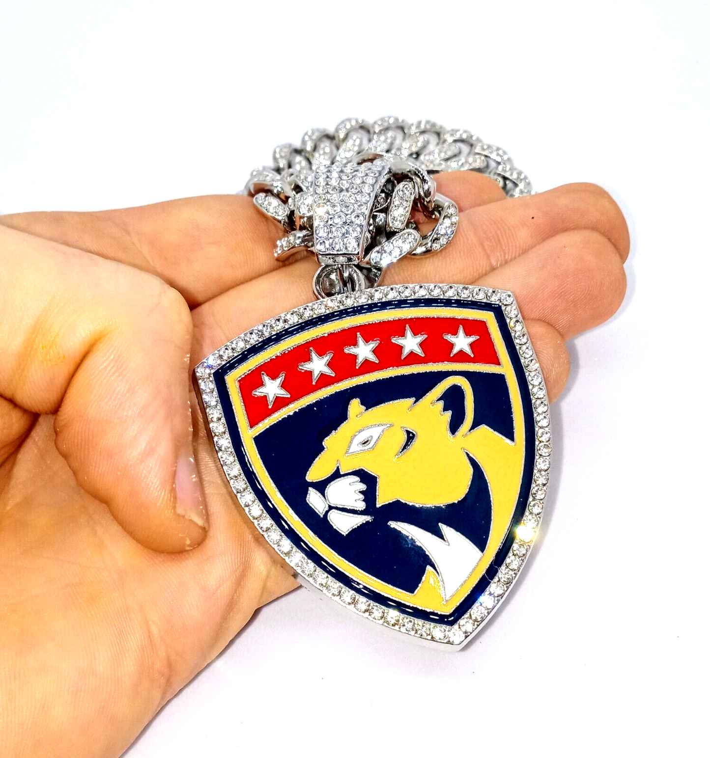 FLORIDA PANTHERS GEM NECKLACE Silver Hip Hop NHL Hockey Bling Pendant &20" Chain